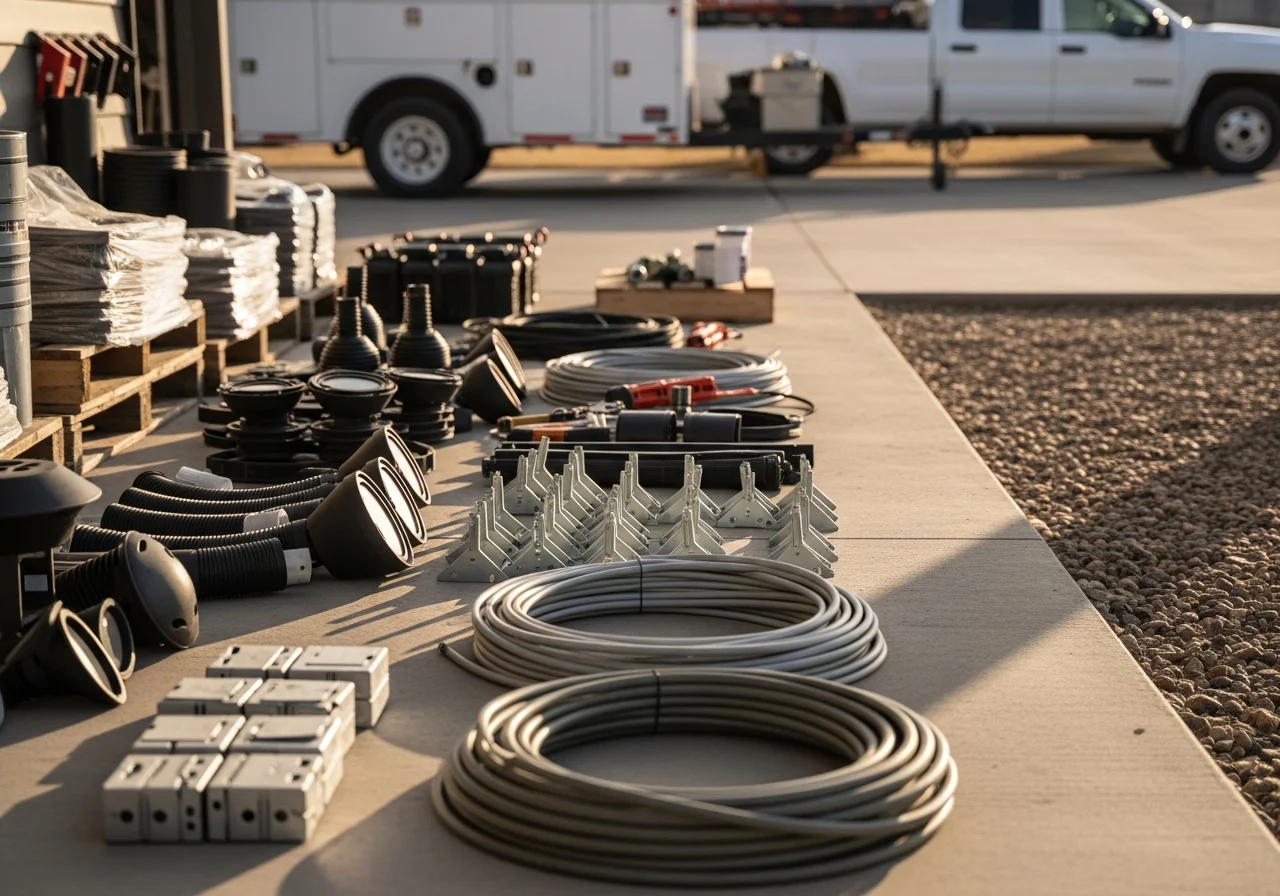Outdoor lighting installation equipment and tools staged for service readiness, representing professional electrical and landscape lighting work.