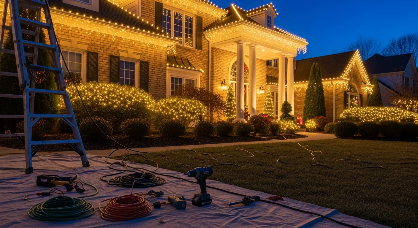 Professional Christmas light installation on residential home during holiday season