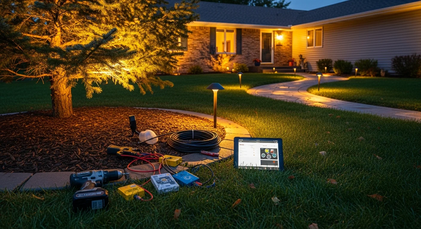 Professional outdoor lighting installation on residential home exterior