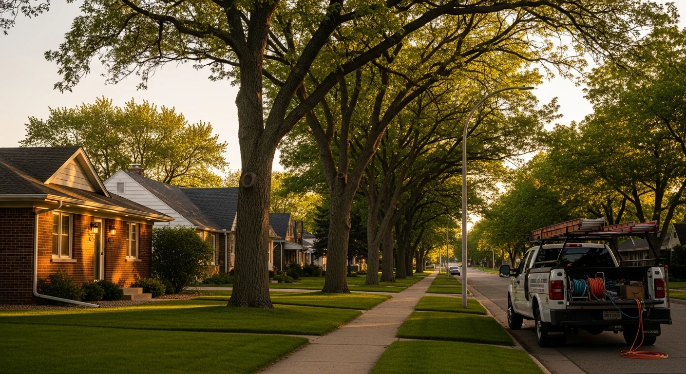Bismarck residential street with well-maintained homes and mature trees, showing a mix of established and newer neighborhoods.