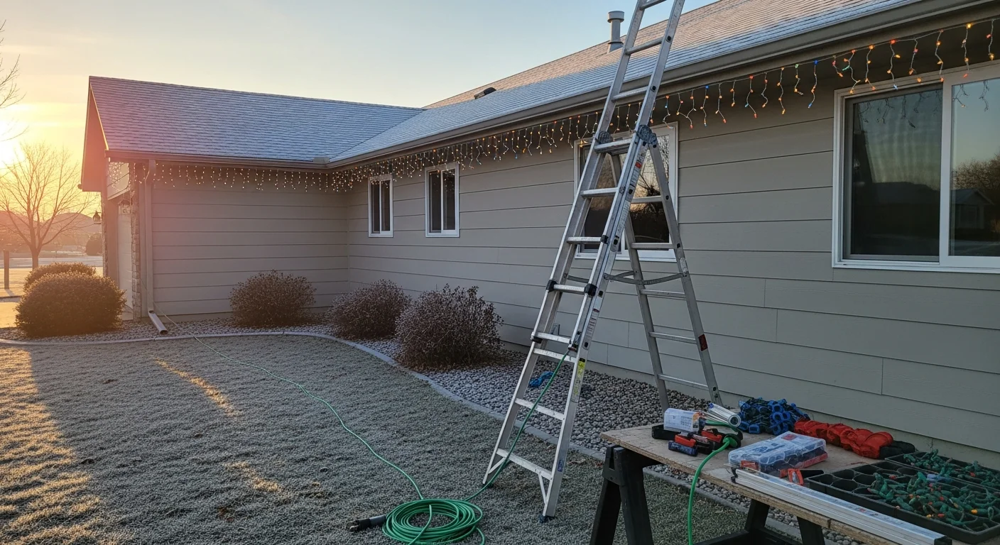 A Bismarck, North Dakota home with professionally installed Christmas lights lining the roofline and fascia against a dark winter sky. Snow covers the front yard and driveway as warm white lights illuminate the exterior of the house.