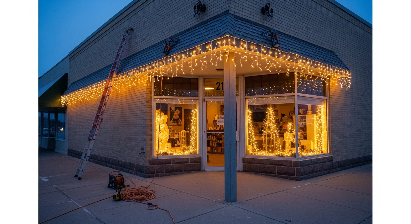 A commercial storefront in Bismarck, North Dakota decorated with professional holiday lighting along the roofline and entryway, with lit trees visible through the front windows. Snow is on the ground outside the building, showing the display in full winter conditions.