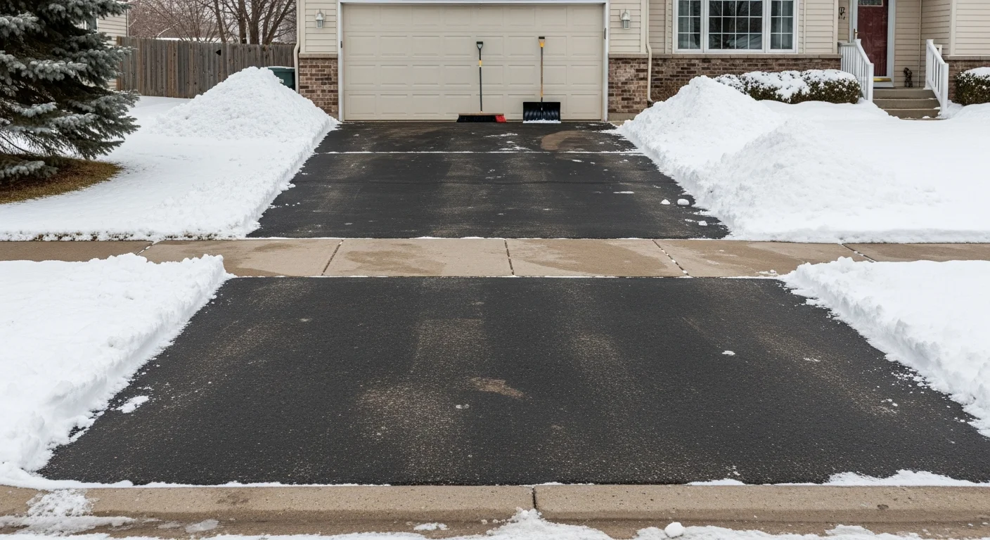A fully cleared residential driveway in Bismarck, North Dakota after a winter snowstorm, with snow pushed to the sides of the property and the pavement surface visible from the garage to the street apron. A Twin City Lights truck is visible near the curb after completing the driveway snow clearing service.