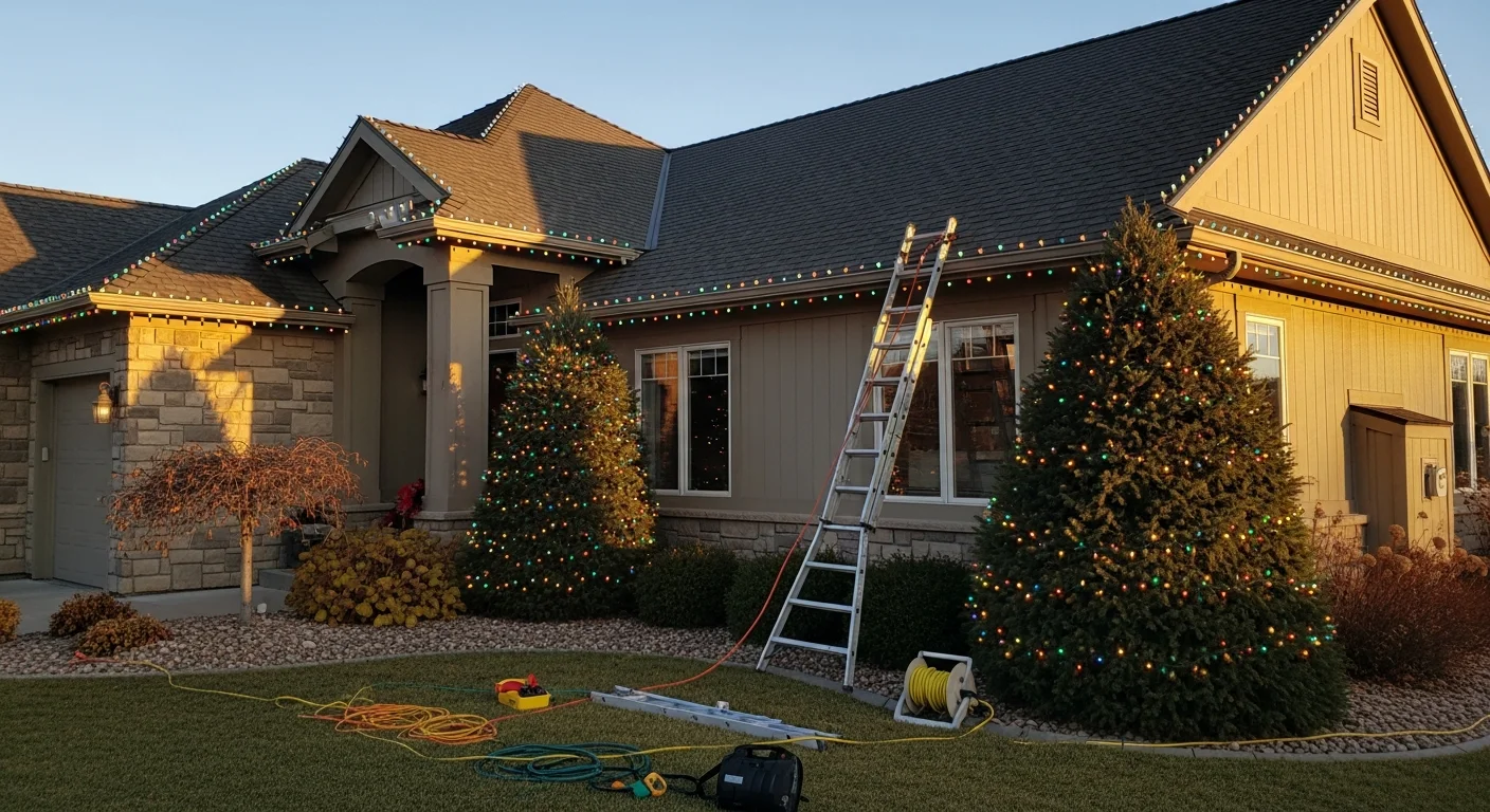 A two-story Bismarck home with professional holiday lights lining the roofline, wrapped front trees, and illuminated shrubs along the entry walkway. Snow covers the yard and surrounding landscape under a clear winter night sky.
