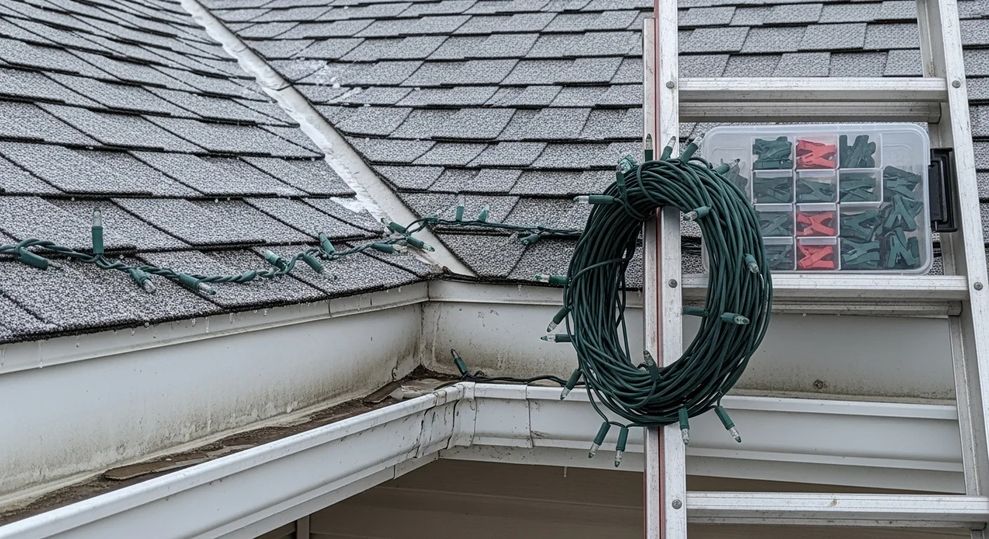 A Twin City Lights crew member carefully removing holiday light strands from the roofline of a single-family home in Bismarck, North Dakota during winter. Snow is visible on the ground and the gutters are clear after removal.