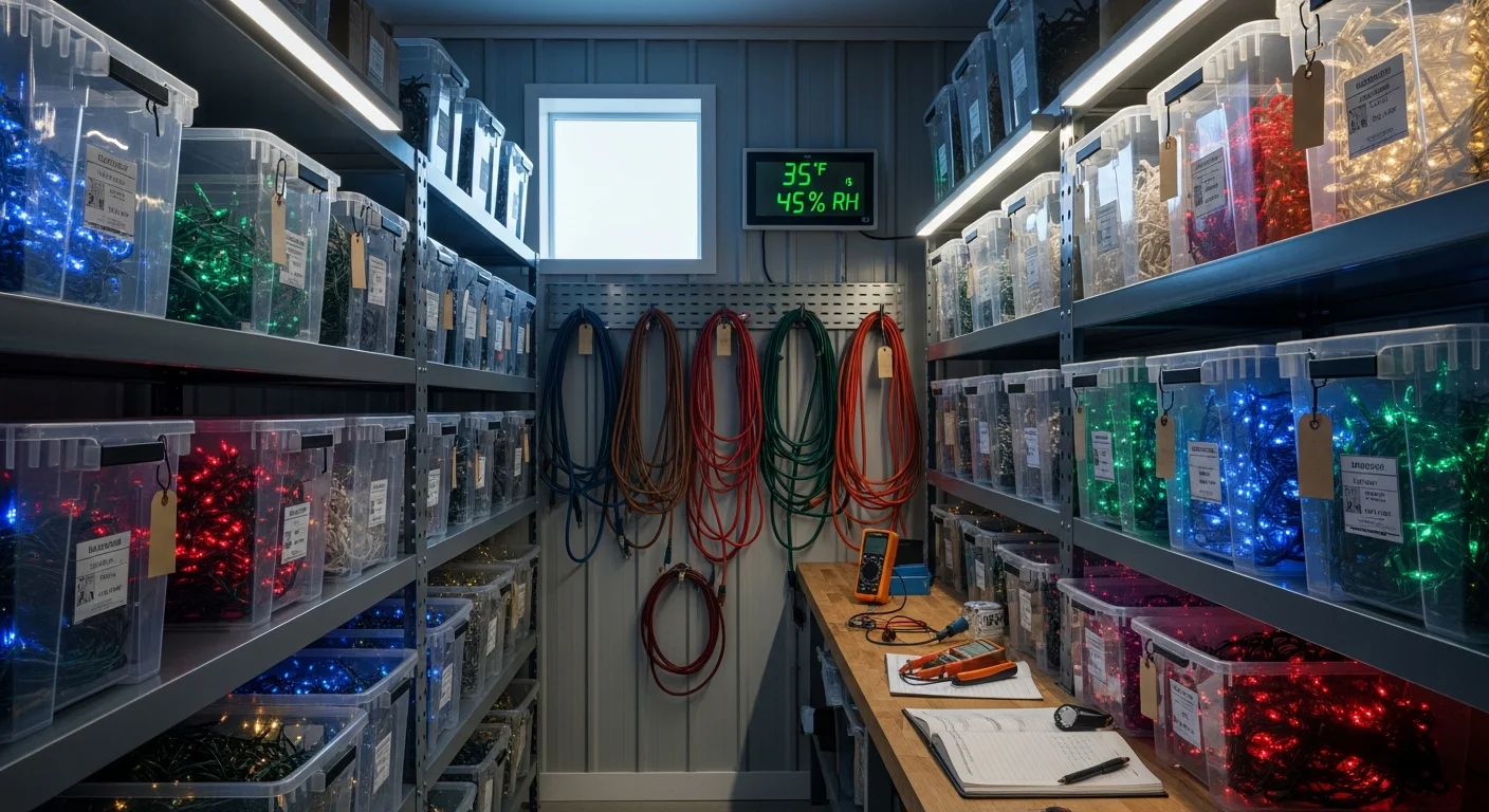 A Twin City Lights crew member carefully coiling and labeling holiday light strands after removal from a Bismarck, North Dakota home. Organized storage bins sit ready for off-season holding in a climate-controlled space.