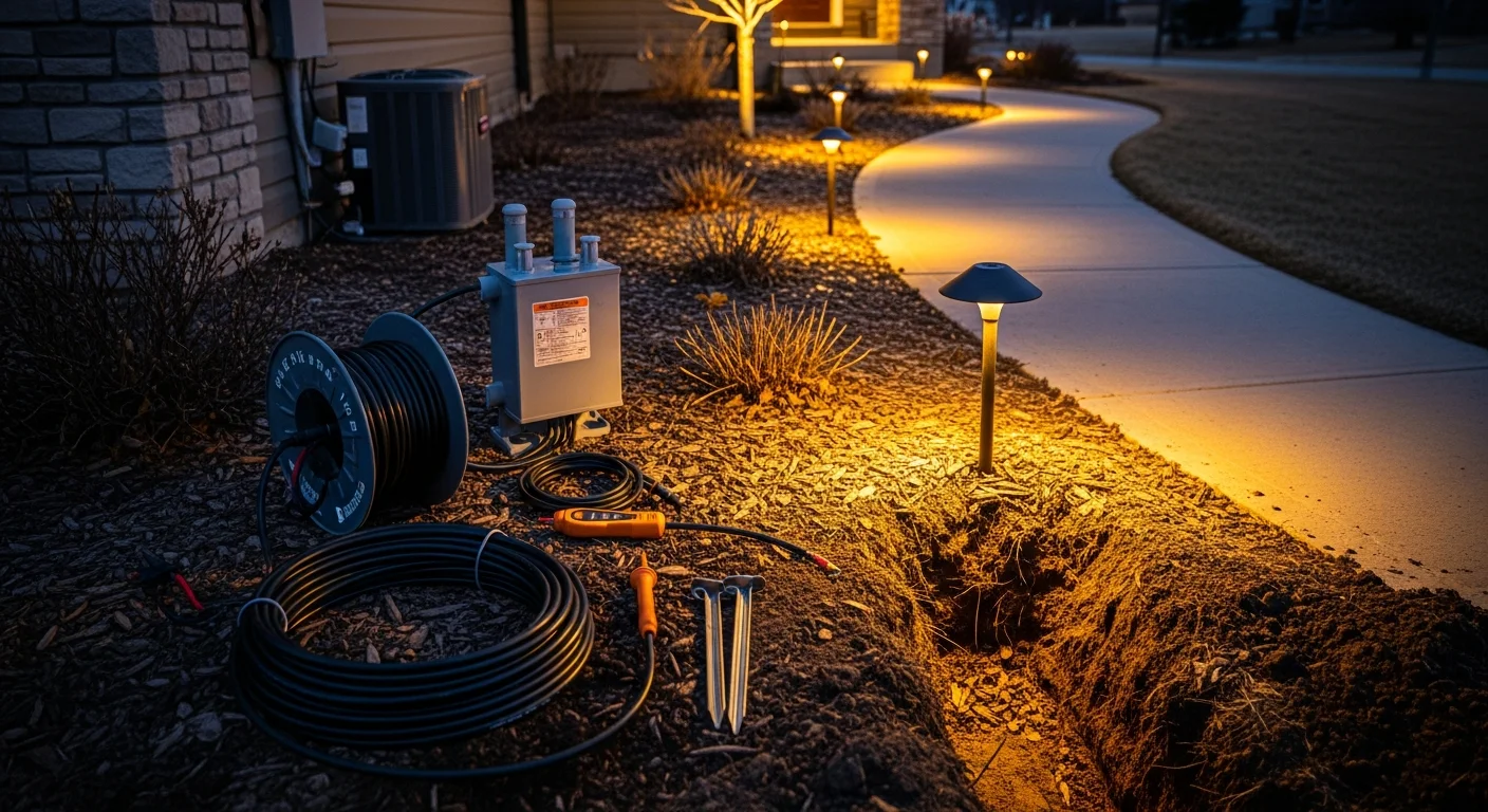 Professionally installed landscape lighting along a residential walkway and garden bed in Bismarck, North Dakota, with warm uplight on trees and a clearly lit path leading to the front entry. Low-voltage fixtures sit flush at ground level against a backdrop of a single-family home on a calm evening.