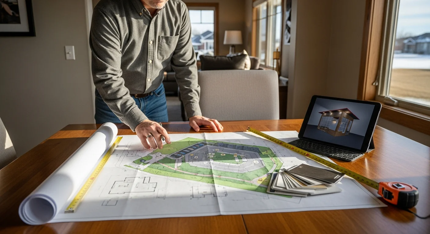 A Twin City Lights consultant reviewing a lighting plan with a Bismarck homeowner at a residential property. The image shows an outdoor walkway and entry area being assessed for fixture placement during a lighting system consultation.