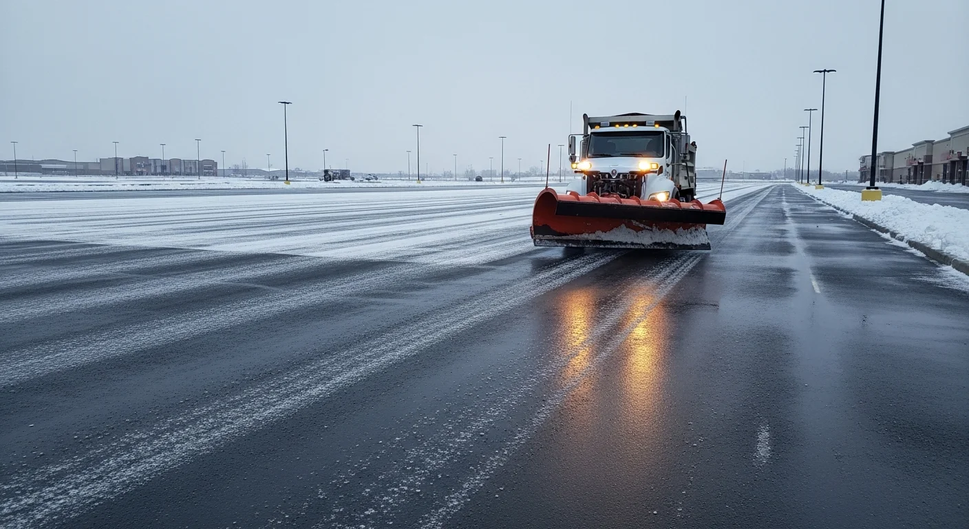 A freshly plowed commercial parking lot in Bismarck, North Dakota with cleared drive lanes and snow stacked along the perimeter. The lot is free of snow and ice, with visible parking stall markings and a cleared building entrance in the background.