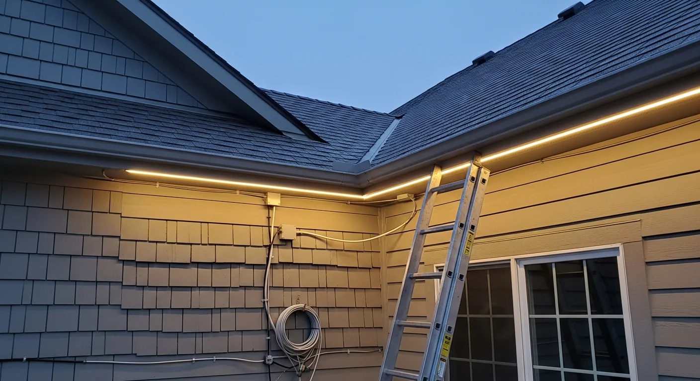 Permanent LED lighting installed along the roofline and soffits of a two-story Bismarck, North Dakota home, glowing against a dark winter sky. The exterior wiring is concealed and the light runs evenly across the full front facade.