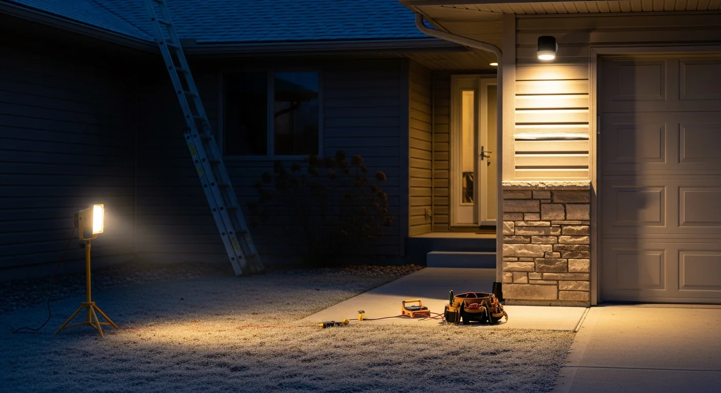 A Bismarck, North Dakota home exterior at night with professionally installed security lighting illuminating the front entry, driveway, and garage door. Motion-activated wall fixtures and flood lights cast even light across the property with no dark gaps.