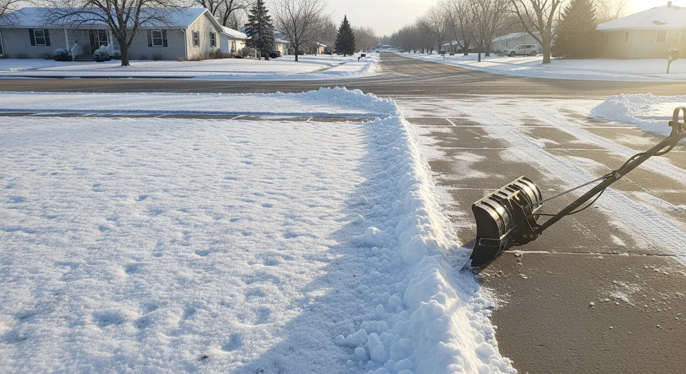 A cleared residential driveway and sidewalk in Bismarck, North Dakota after a heavy snowfall, with snow pushed to the edges of the property and the walkway fully accessible. A Twin City Lights crew works in the background clearing the remaining path to the front door.