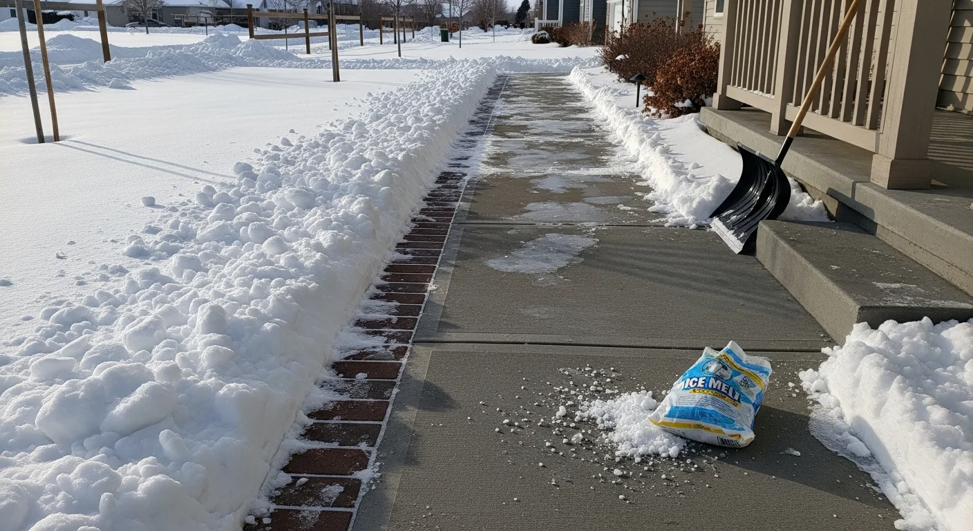 A cleared residential walkway in Bismarck, North Dakota after a winter snowfall, with snow pushed to the sides and a dry, accessible path leading to the front door. A Twin City Lights crew member works along the edge of the path removing packed snow near the entry steps.