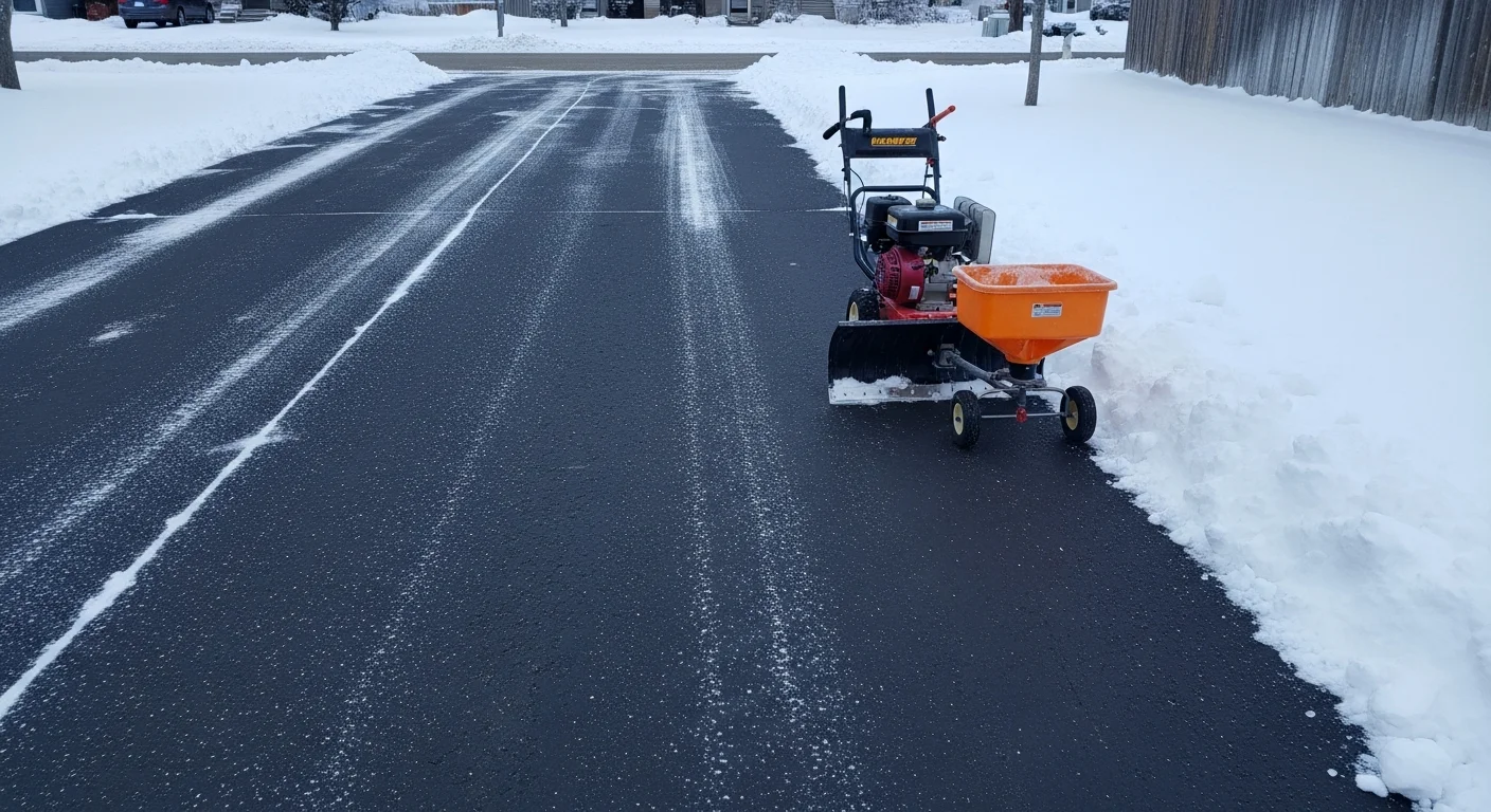 A cleared residential driveway and sidewalk in Bismarck, North Dakota after a heavy snowfall, with snow pushed to the property edges and a clean path leading to the front door. A Twin City Lights crew works nearby with plowing equipment on a bright winter morning.